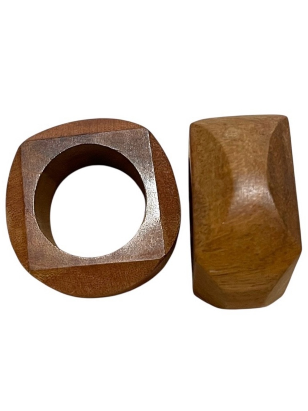 Vintage Artisan Crafted Wooden Geometric Shape Napkin Rings Rustic MCM Set of 2